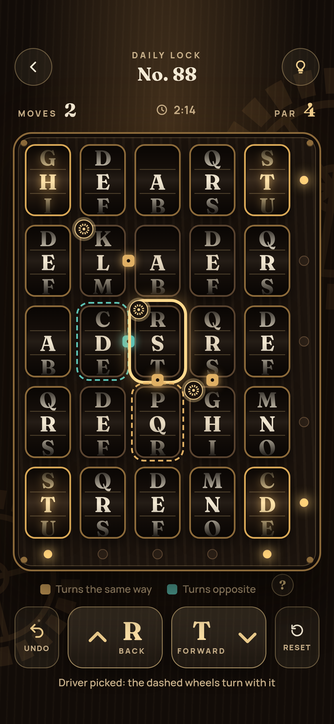 A Cogword lock: a five by five grid of letter wheels with one wheel selected