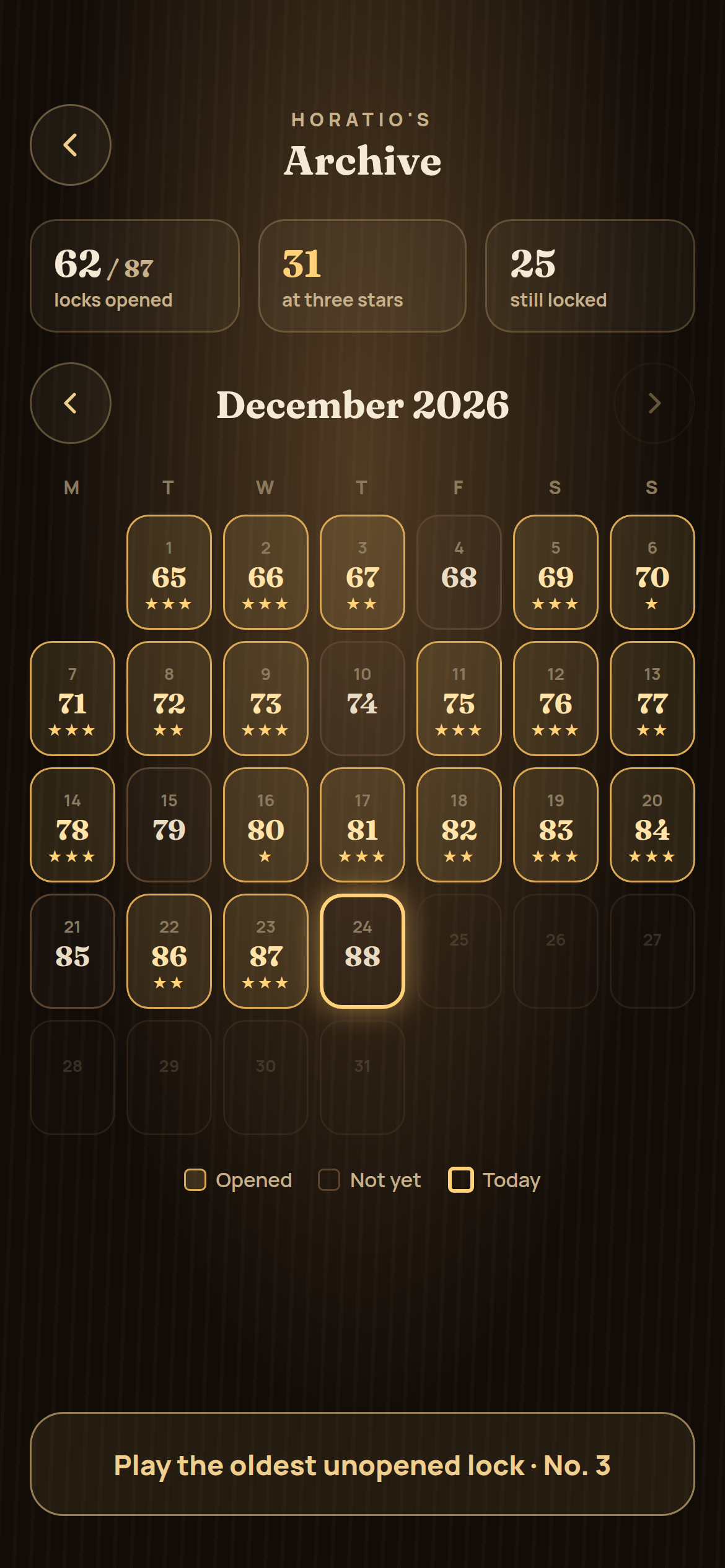 A calendar of past locks with stars earned